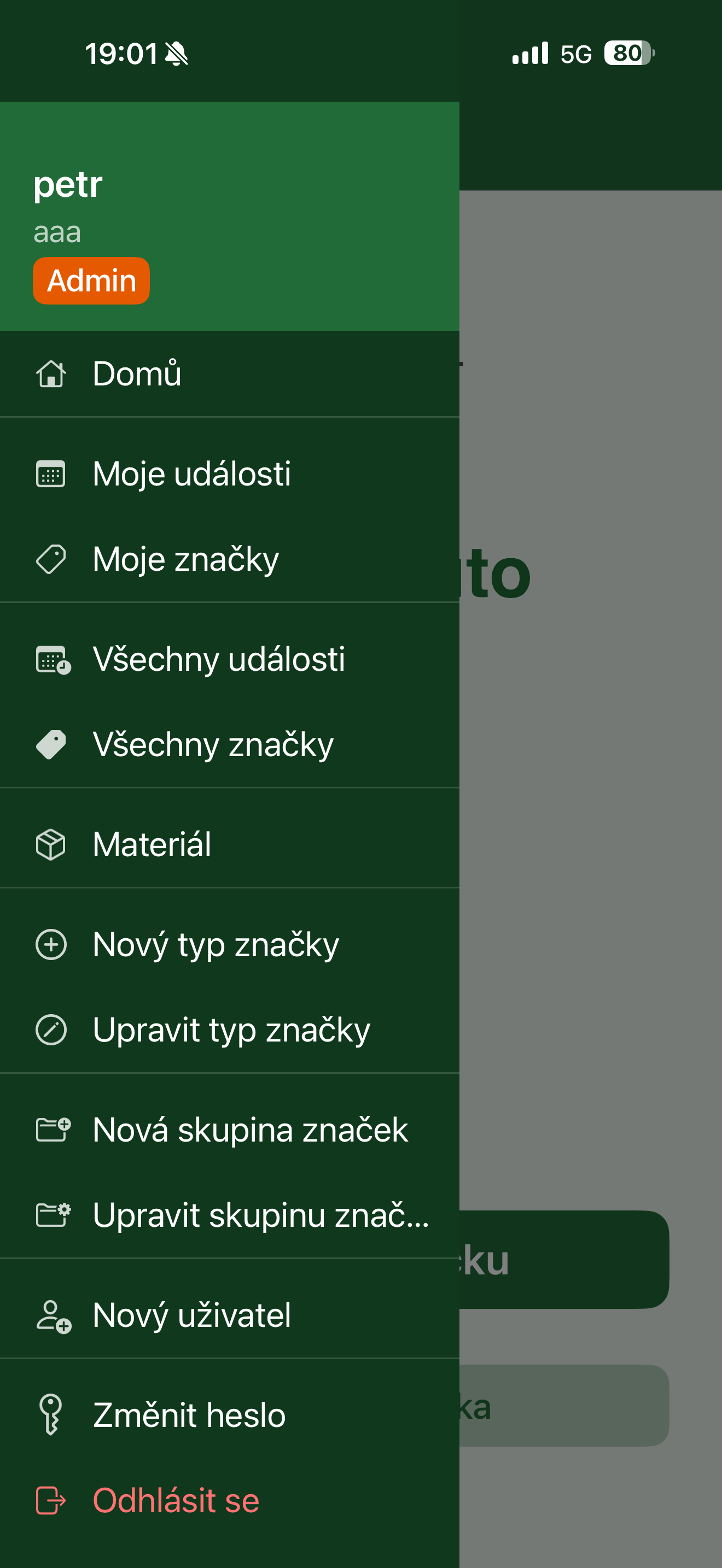 Boční menu aplikace